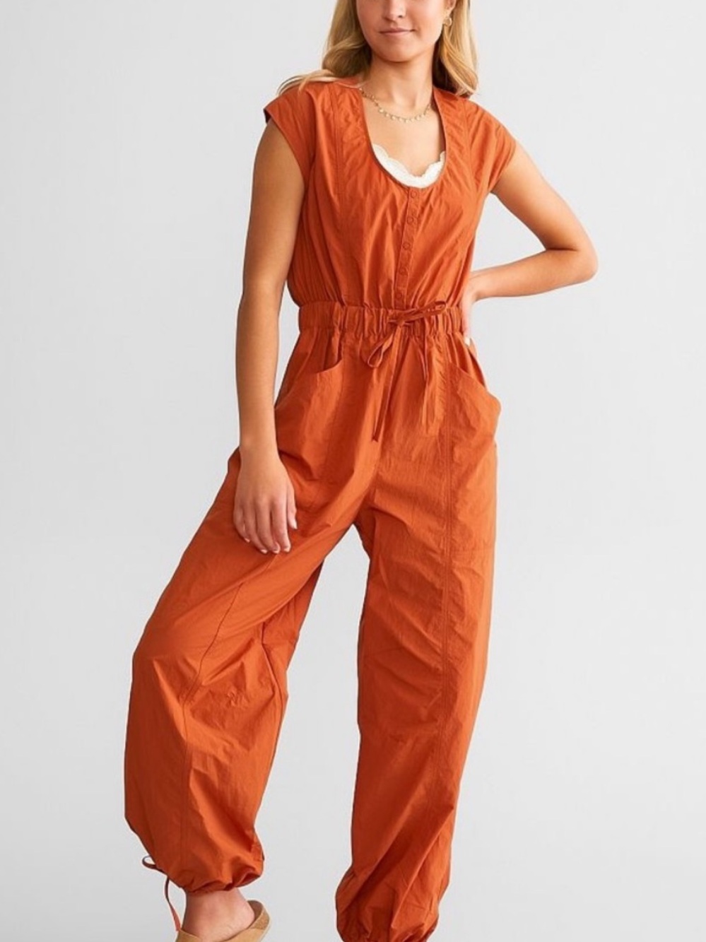 Free People Rust Orange Sleeveless Drawcord Wide-Leg Jumpsuit